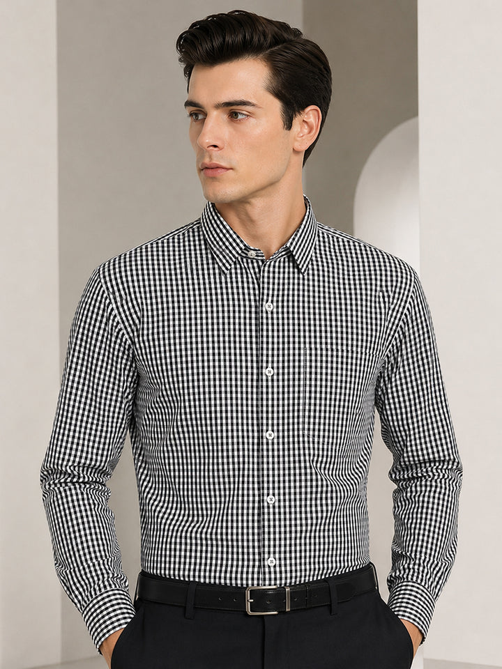 Men Black Gingham Check Cotton Rich Slim fit Formal Shirt