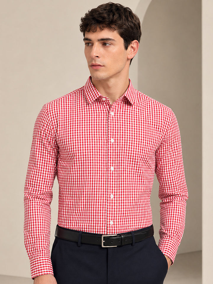 Men Red Gingham Check Cotton Rich Slim fit Formal Shirt