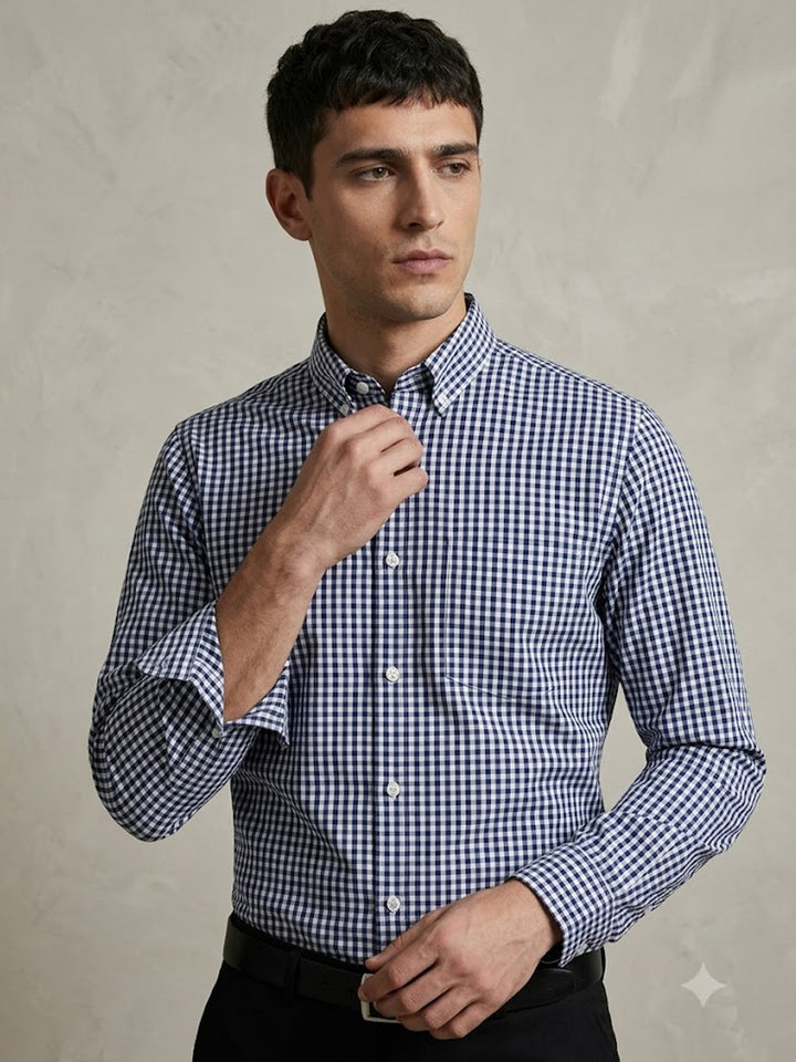 Men Navy Gingham Check Cotton Rich Slim fit Formal Shirt