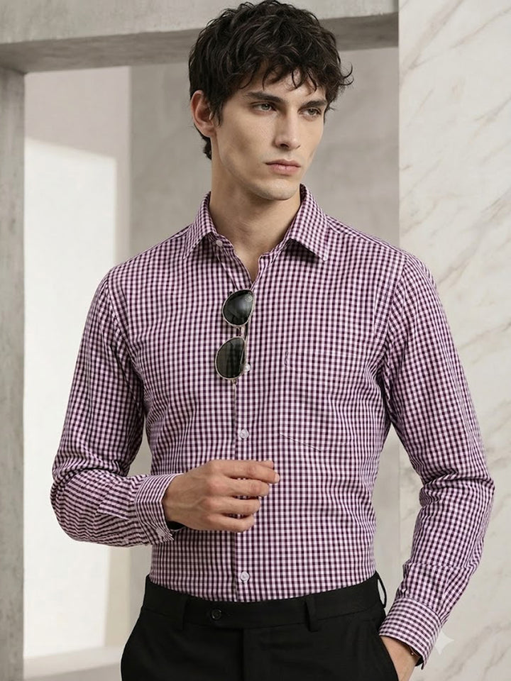 Men Purple Gingham Check Cotton Rich Slim fit Formal Shirt