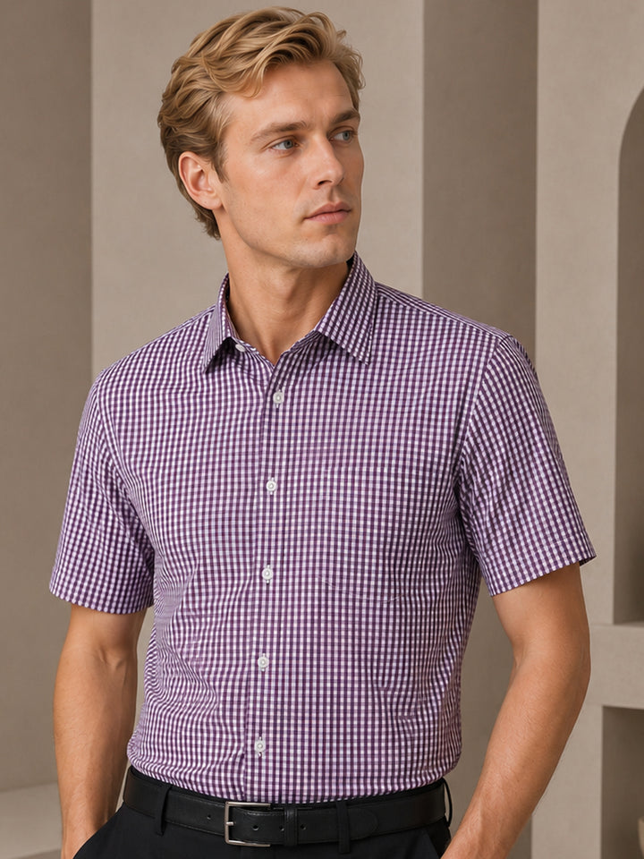 Men Purple & White Gingham Check Short Sleeve Slim fit Formal Shirt