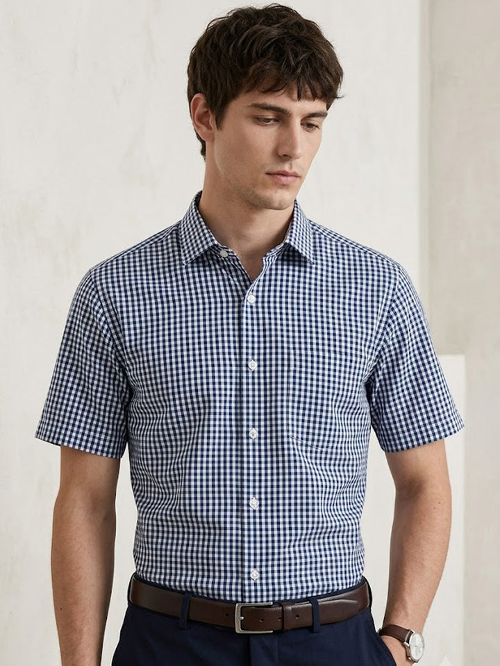 Men Navy & White Gingham Check Short Sleeve Slim fit Formal Shirt