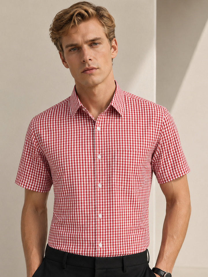 Men Red & White Gingham Check Short Sleeve Slim fit Formal Shirt