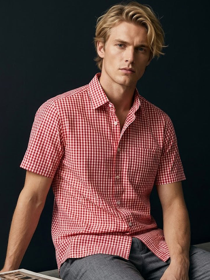 Men Red & White Gingham Check Short Sleeve Slim fit Formal Shirt