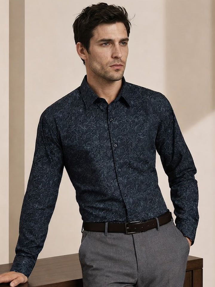 Men Navy Print Pure Cotton Slim fit Party Shirt