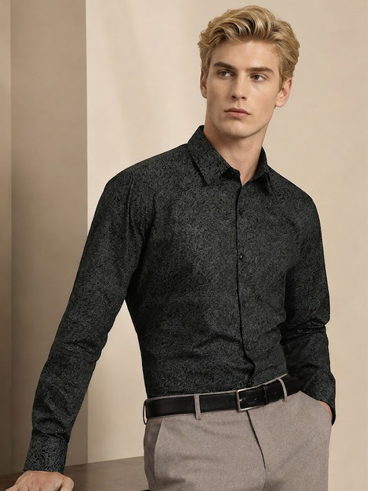 Men Black Print Pure Cotton Slim fit Party Shirt