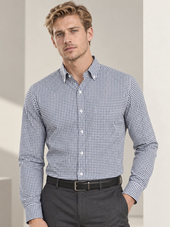 Men Navy Blue Checks Slim Fit Pure Cotton Formal Shirt