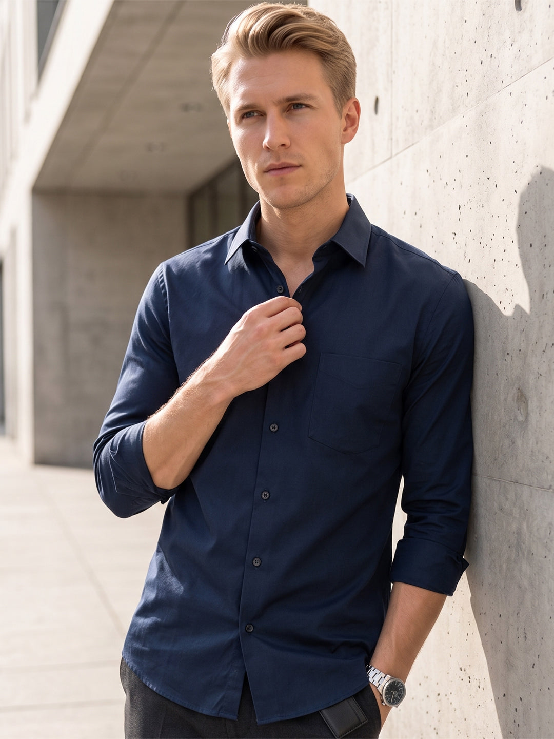 Men Navy Blue Pure Cotton Slim Fit Solid Formal Shirt