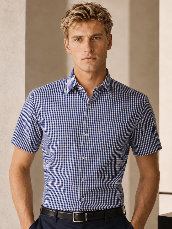 Men Navy Blue and White Gingham Checked Slim Fit Short Sleeve Formal Shirt