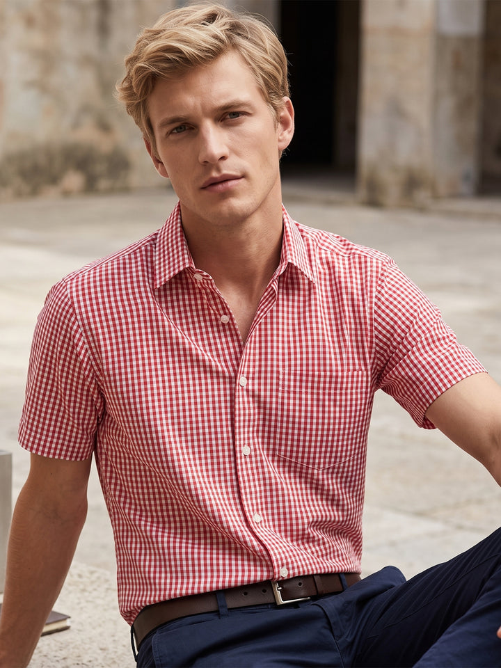 Men Red and White Gingham Checked Slim Fit Short Sleeve Formal Shirt