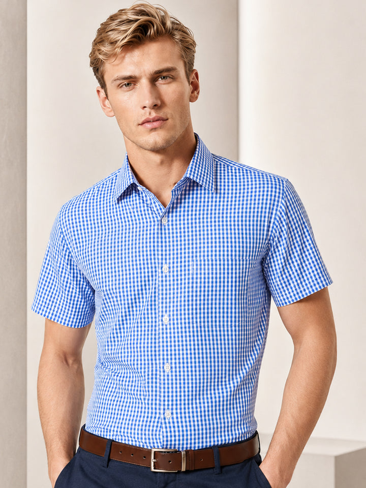 Men Blue and White Gingham Checked Slim Fit Short Sleeve Formal Shirt