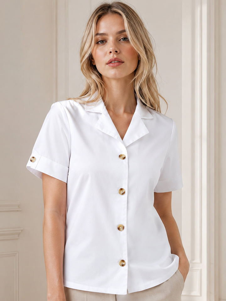 Women White Solid Pure Cotton Lapel Collar Regular Fit Formal Shirt