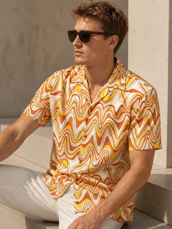Men Cream & Mustard Abstract Print Viscose Rayon Regular Fit Casual Resort Shirt