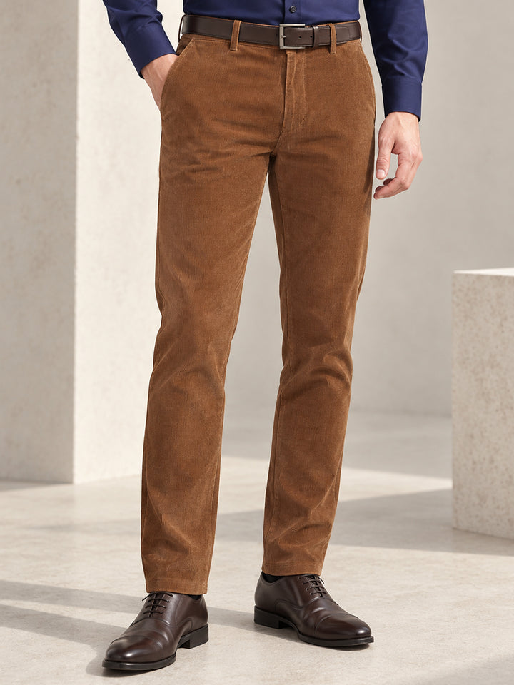 Men Cinnamon Brown Solid Cotton cotton stretch corduroy Coduroy Slim Fit Formal Trouser