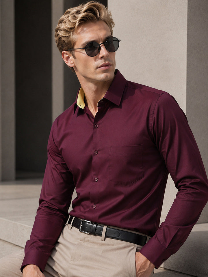 Men Wine Solid Slim Fit Pure Cotton Formal Shirt