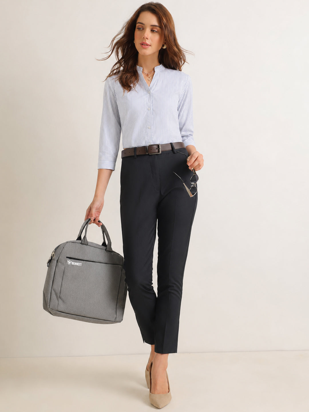 Hancock   Women   White & Navy Blue   Stripes   Pure Cotton   Regular Fit   Formal   Shirt