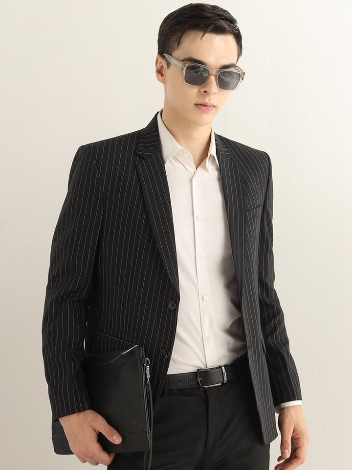 Hancock Men Black Striped Polyester Slim Fit Formal Blazer
