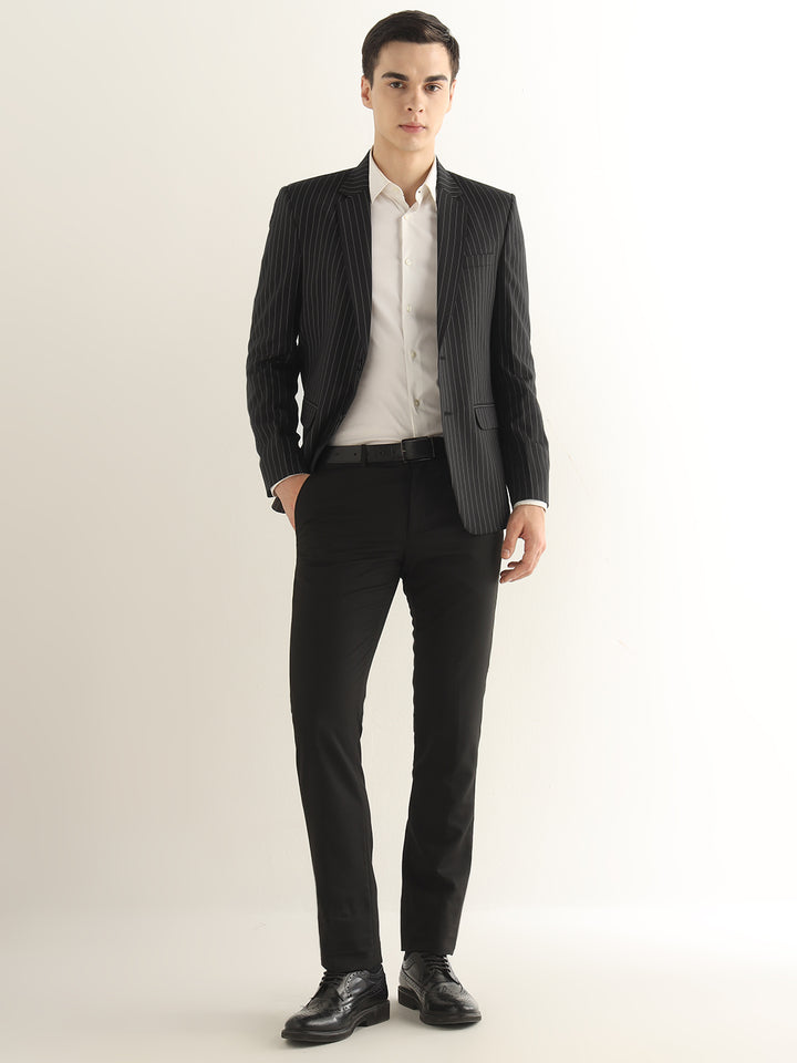 Hancock Men Black Striped Polyester Slim Fit Formal Blazer