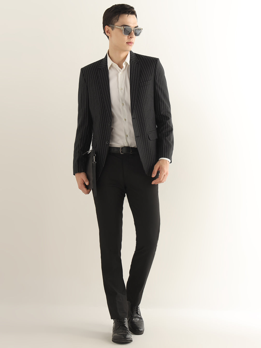Hancock Men Black Striped Polyester Slim Fit Formal Blazer