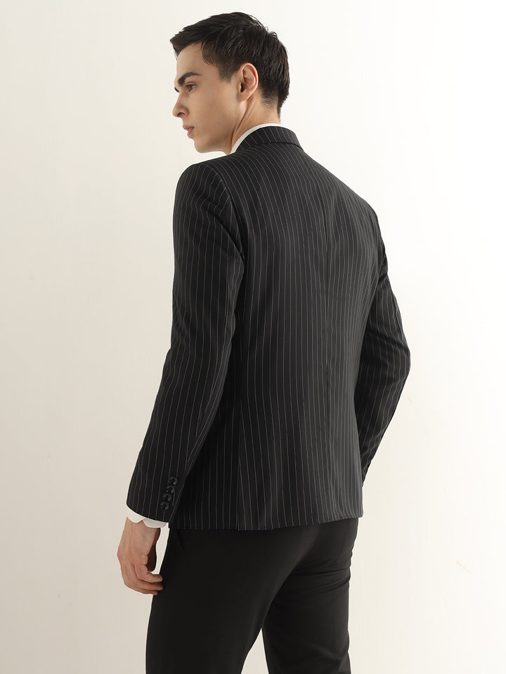 Hancock Men Black Striped Polyester Slim Fit Formal Blazer
