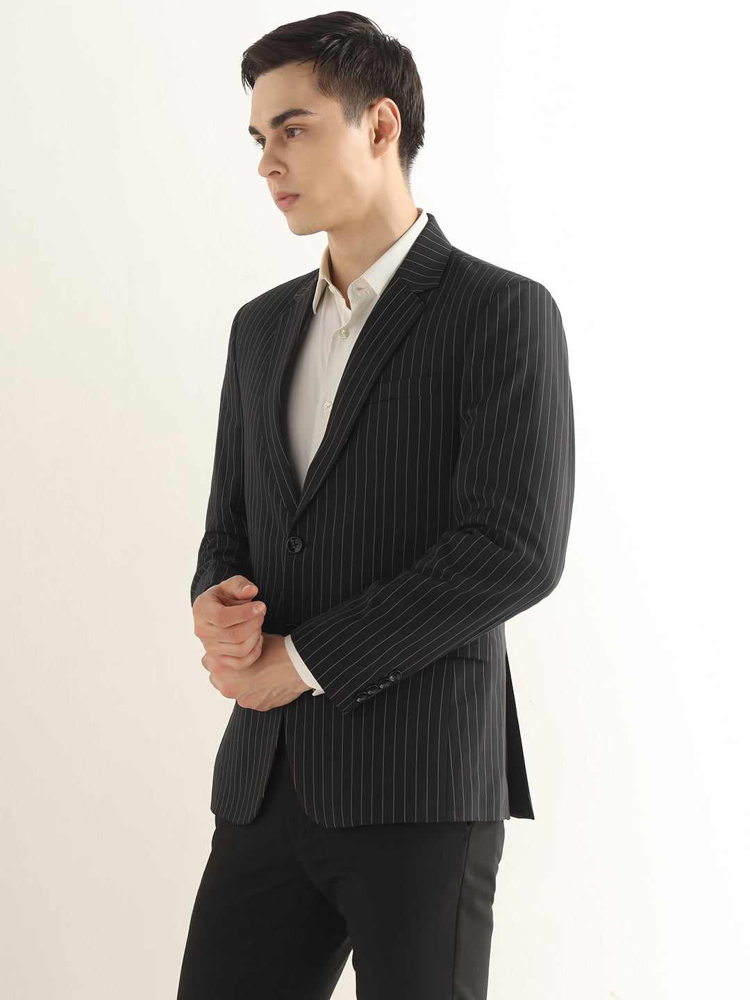 Hancock Men Black Striped Polyester Slim Fit Formal Blazer
