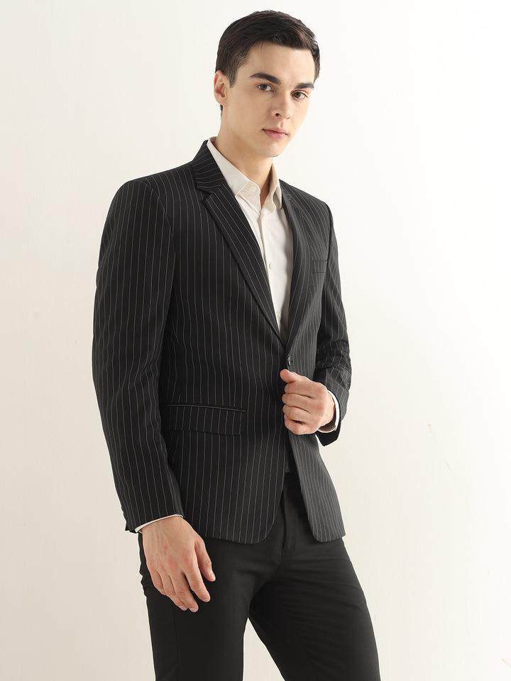 Hancock Men Black Striped Polyester Slim Fit Formal Blazer