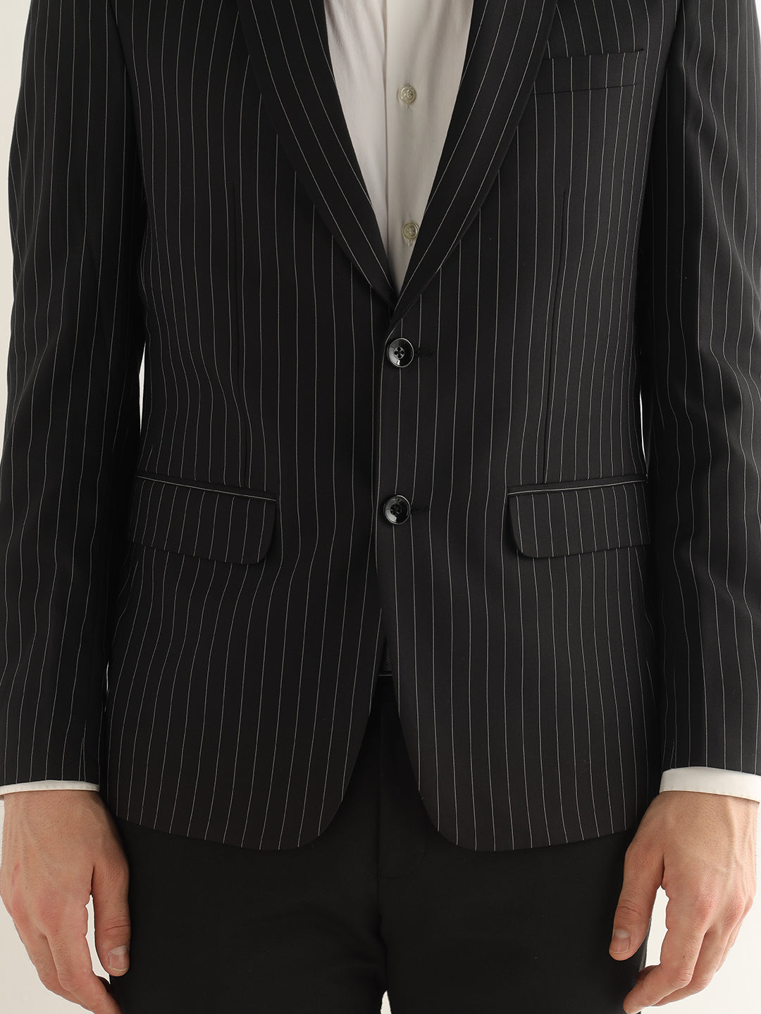 Hancock Men Black Striped Polyester Slim Fit Formal Blazer