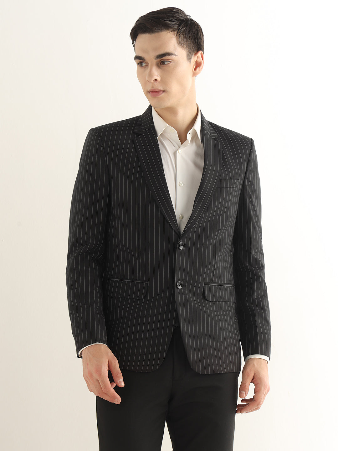 Hancock Men Black Striped Polyester Slim Fit Formal Blazer