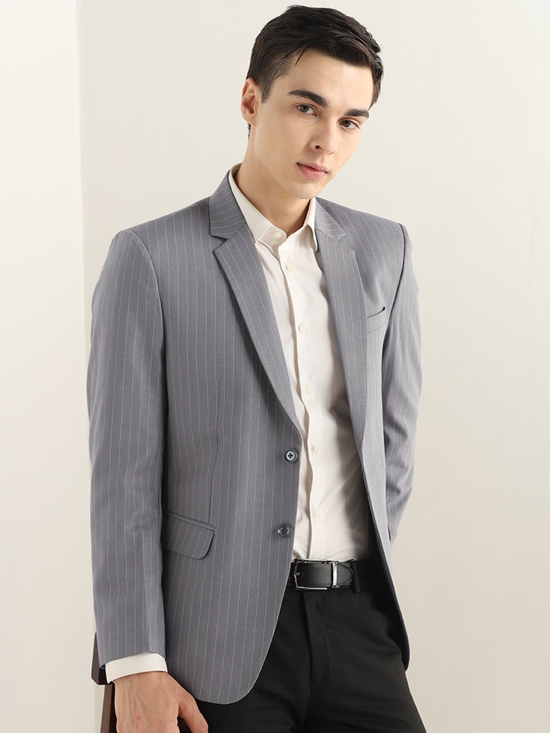Hancock Men Grey Striped Polyester Slim Fit Formal Blazer