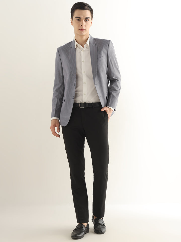 Hancock Men Grey Striped Polyester Slim Fit Formal Blazer