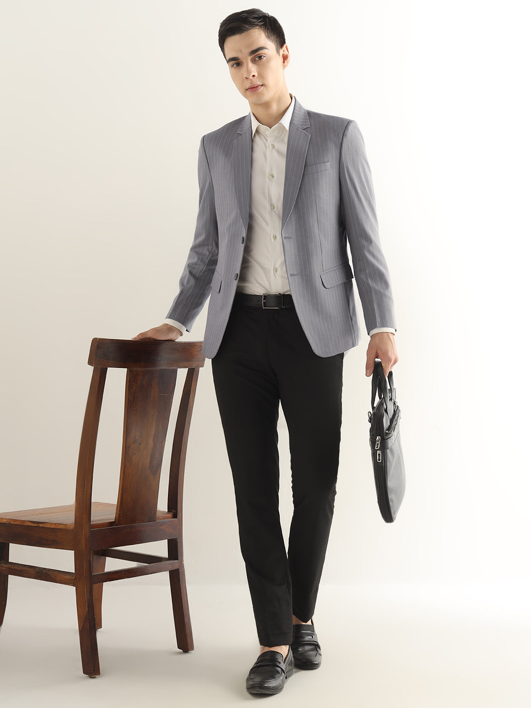 Hancock Men Grey Striped Polyester Slim Fit Formal Blazer