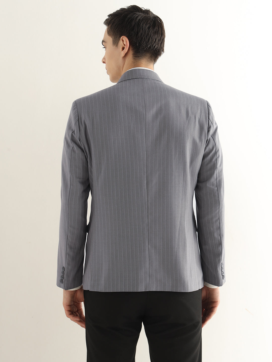 Hancock Men Grey Striped Polyester Slim Fit Formal Blazer