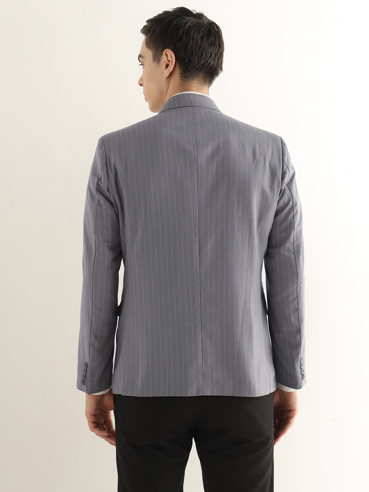 Hancock Men Grey Striped Polyester Slim Fit Formal Blazer