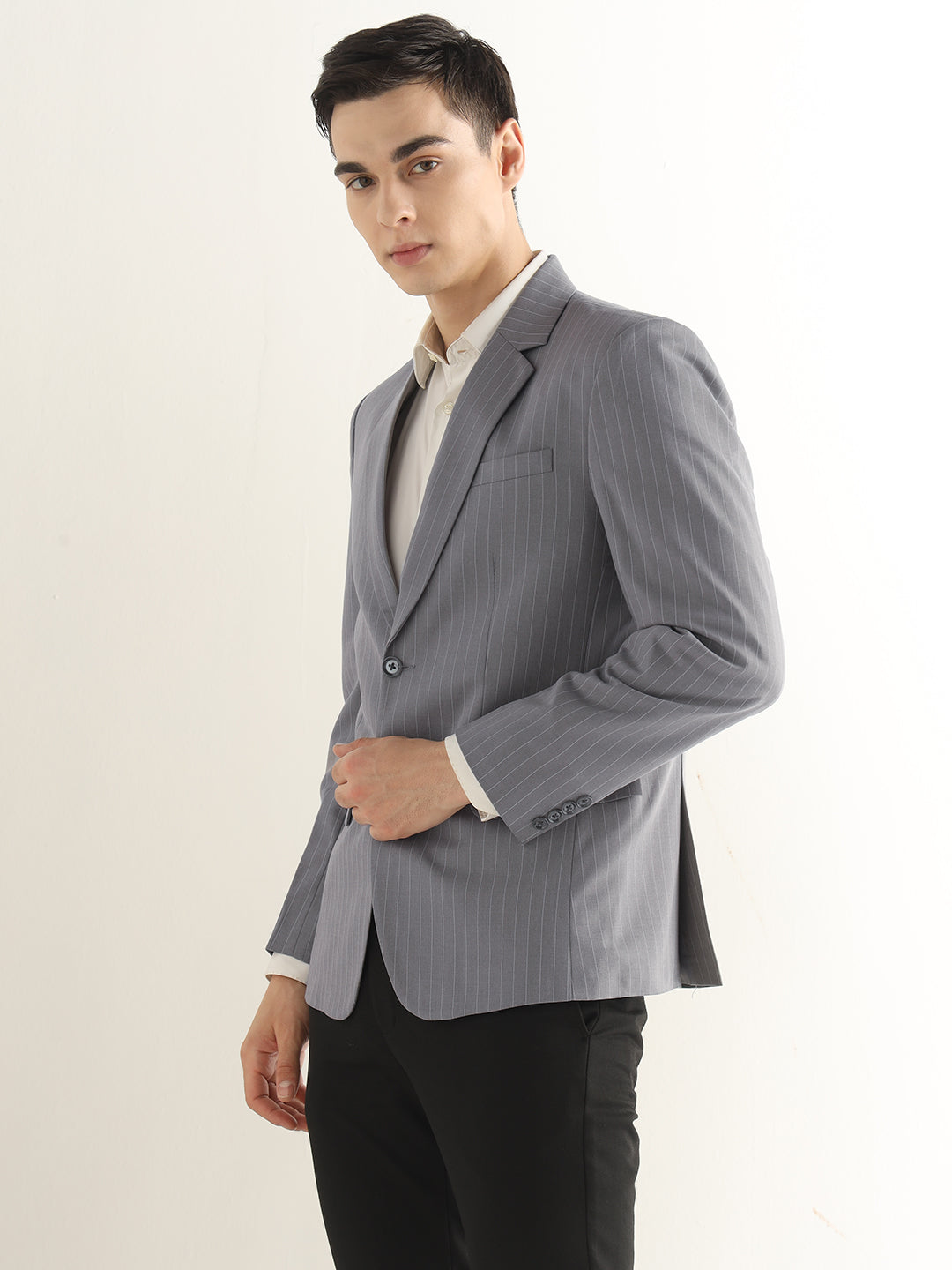 Hancock Men Grey Striped Polyester Slim Fit Formal Blazer