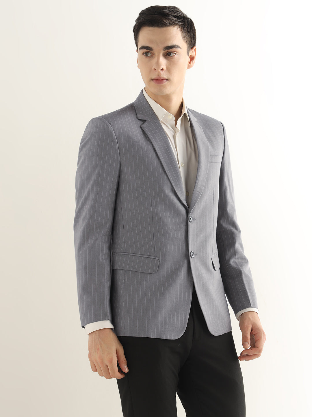 Hancock Men Grey Striped Polyester Slim Fit Formal Blazer