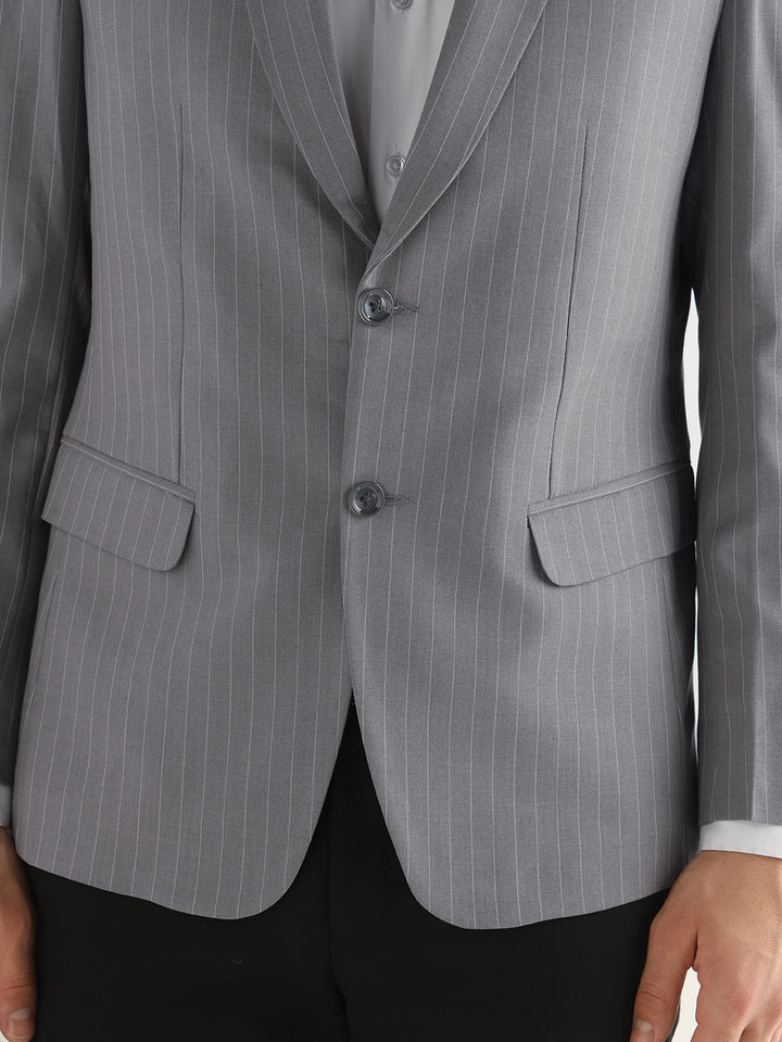 Hancock Men Grey Striped Polyester Slim Fit Formal Blazer