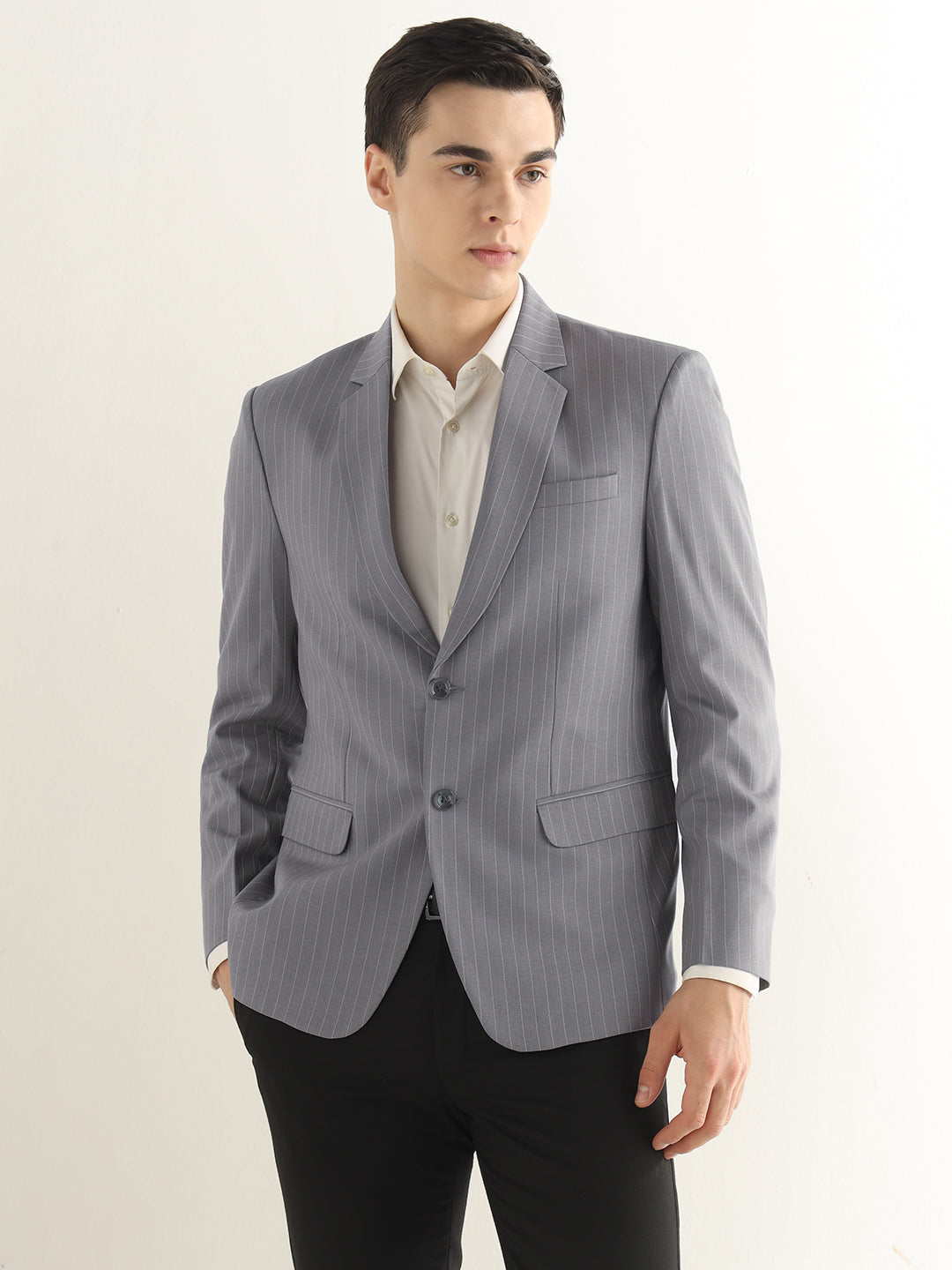 Hancock Men Grey Striped Polyester Slim Fit Formal Blazer