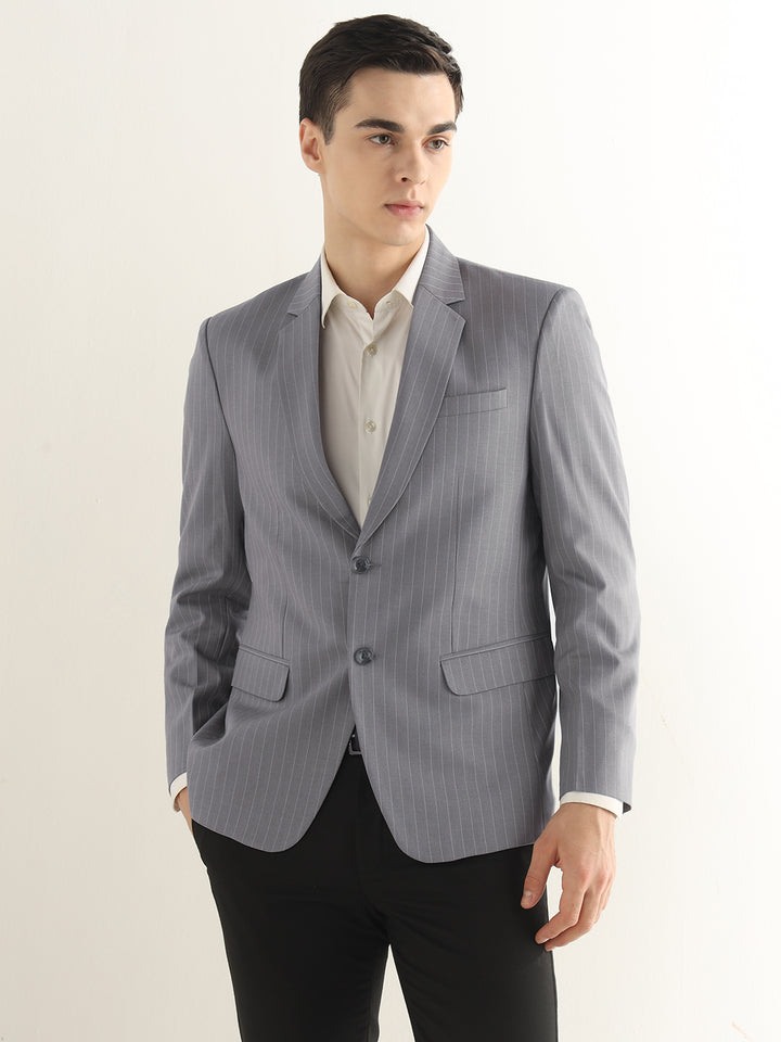 Hancock Men Grey Striped Polyester Slim Fit Formal Blazer