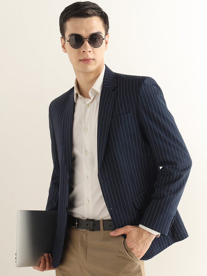 Hancock Men Navy Blue Striped Polyester Slim Fit Formal Blazer