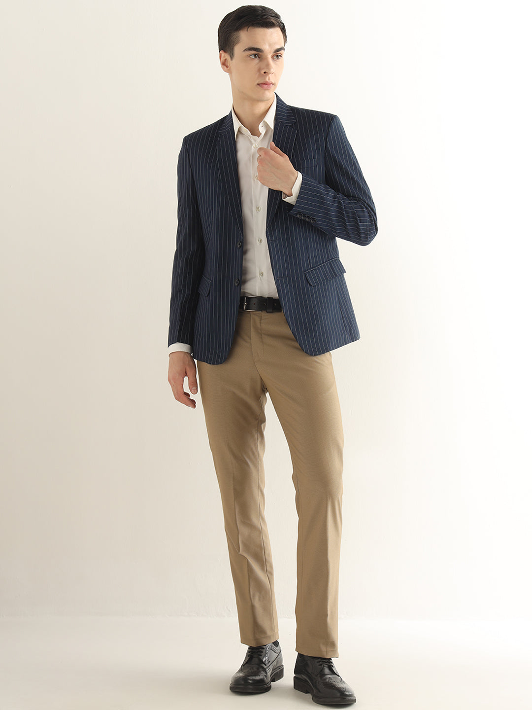 Hancock Men Navy Blue Striped Polyester Slim Fit Formal Blazer