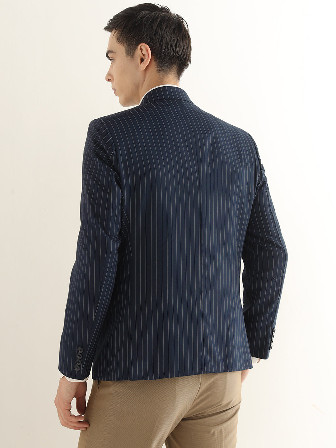 Hancock Men Navy Blue Striped Polyester Slim Fit Formal Blazer