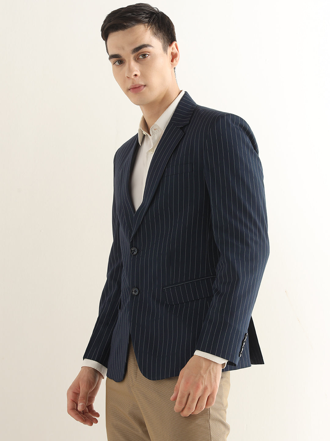 Hancock Men Navy Blue Striped Polyester Slim Fit Formal Blazer