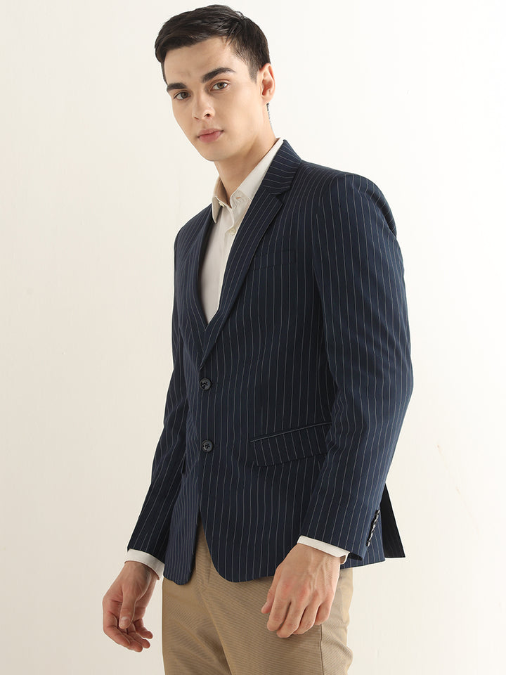 Hancock Men Navy Blue Striped Polyester Slim Fit Formal Blazer