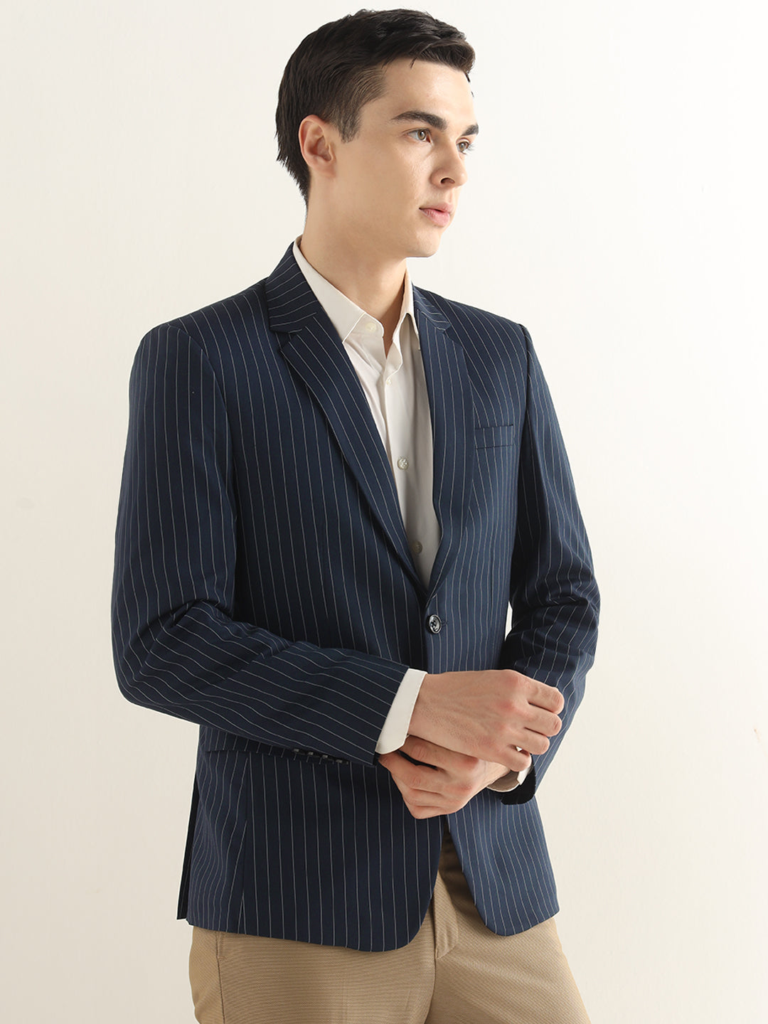Hancock Men Navy Blue Striped Polyester Slim Fit Formal Blazer