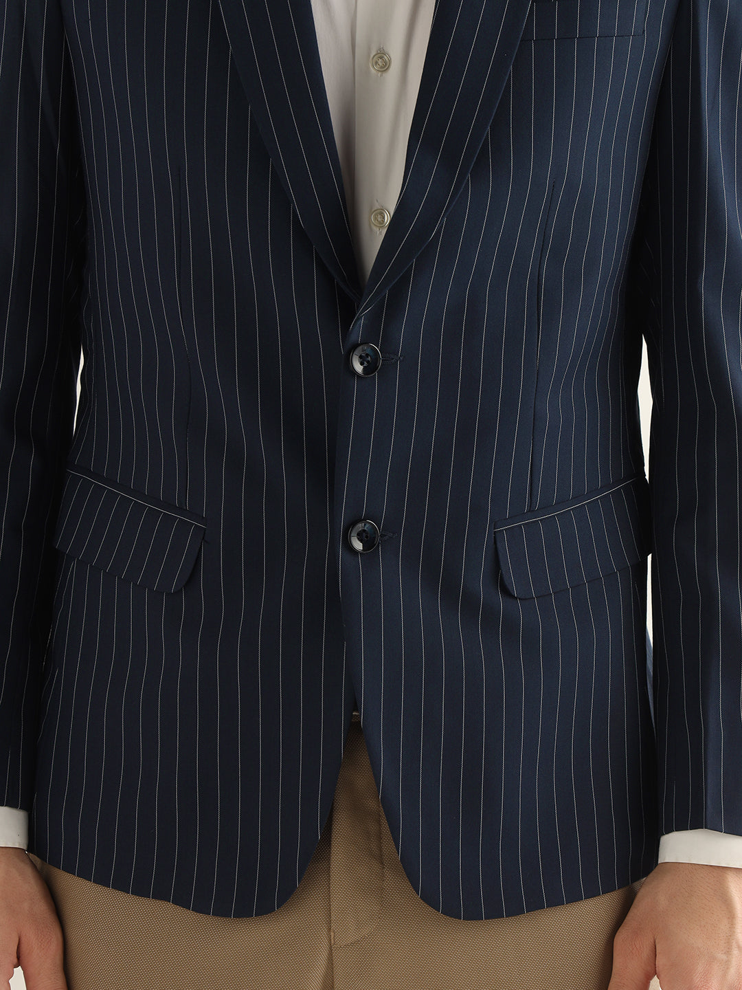 Hancock Men Navy Blue Striped Polyester Slim Fit Formal Blazer