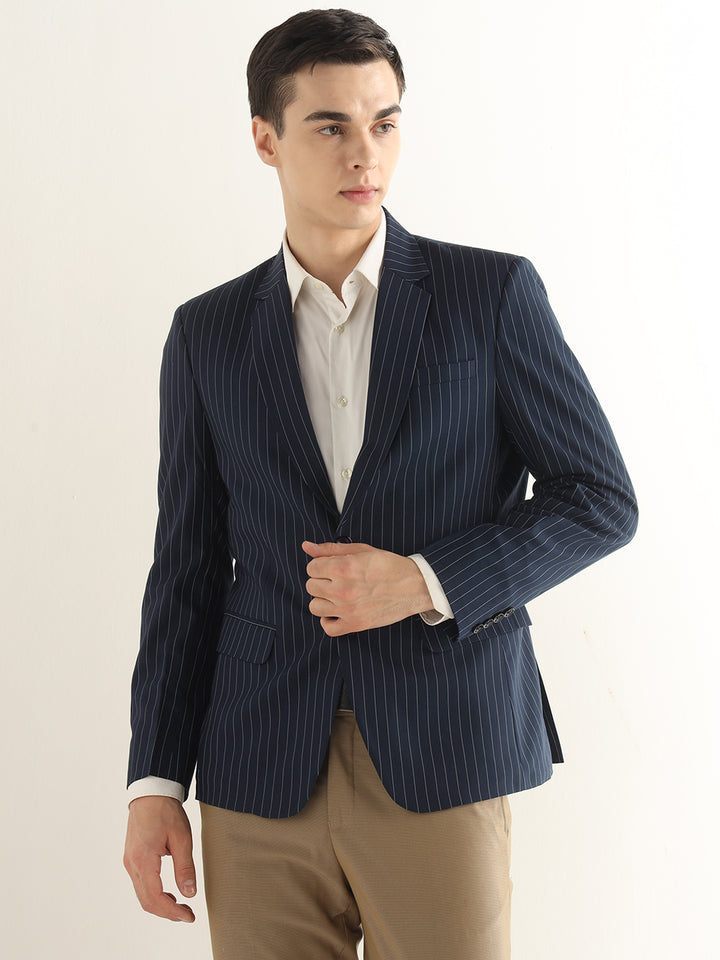 Hancock Men Navy Blue Striped Polyester Slim Fit Formal Blazer