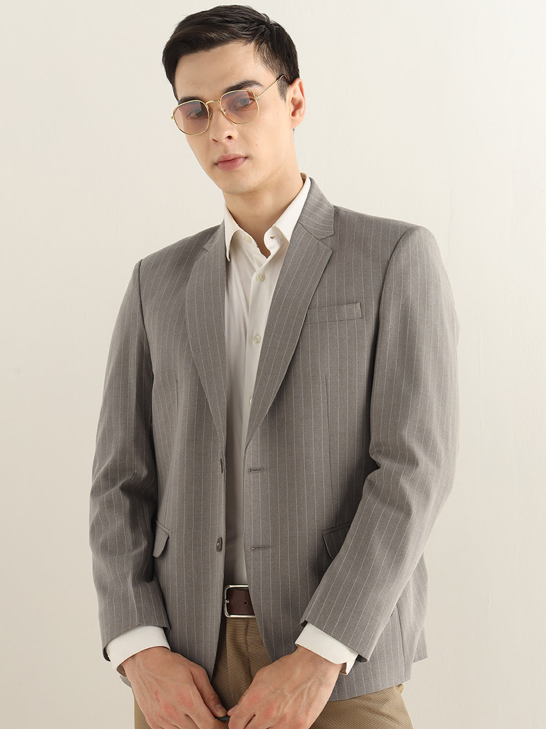 Hancock Men Greige Grey Striped Polyester Slim Fit Formal Blazer