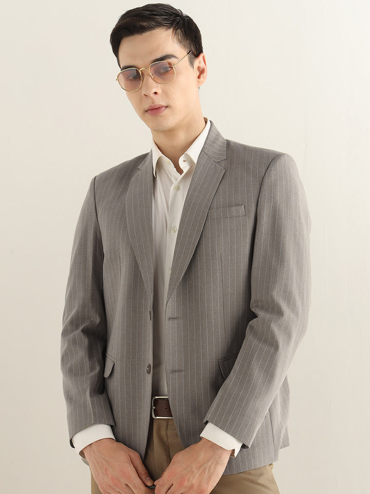 Hancock Men Greige Grey Striped Polyester Slim Fit Formal Blazer