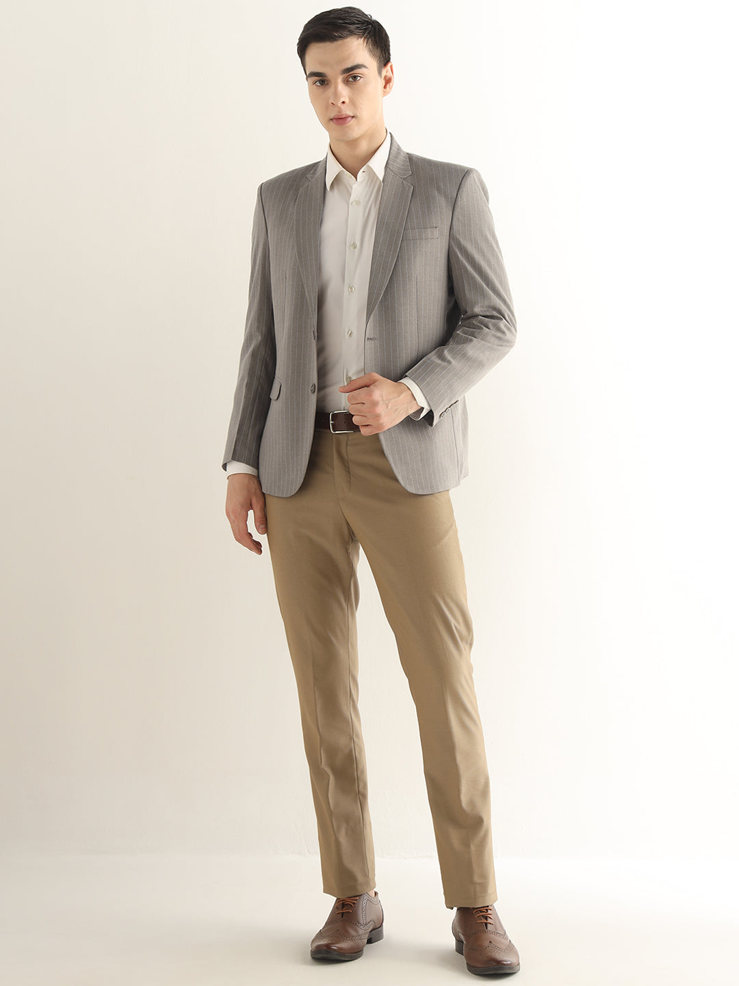 Hancock Men Greige Grey Striped Polyester Slim Fit Formal Blazer