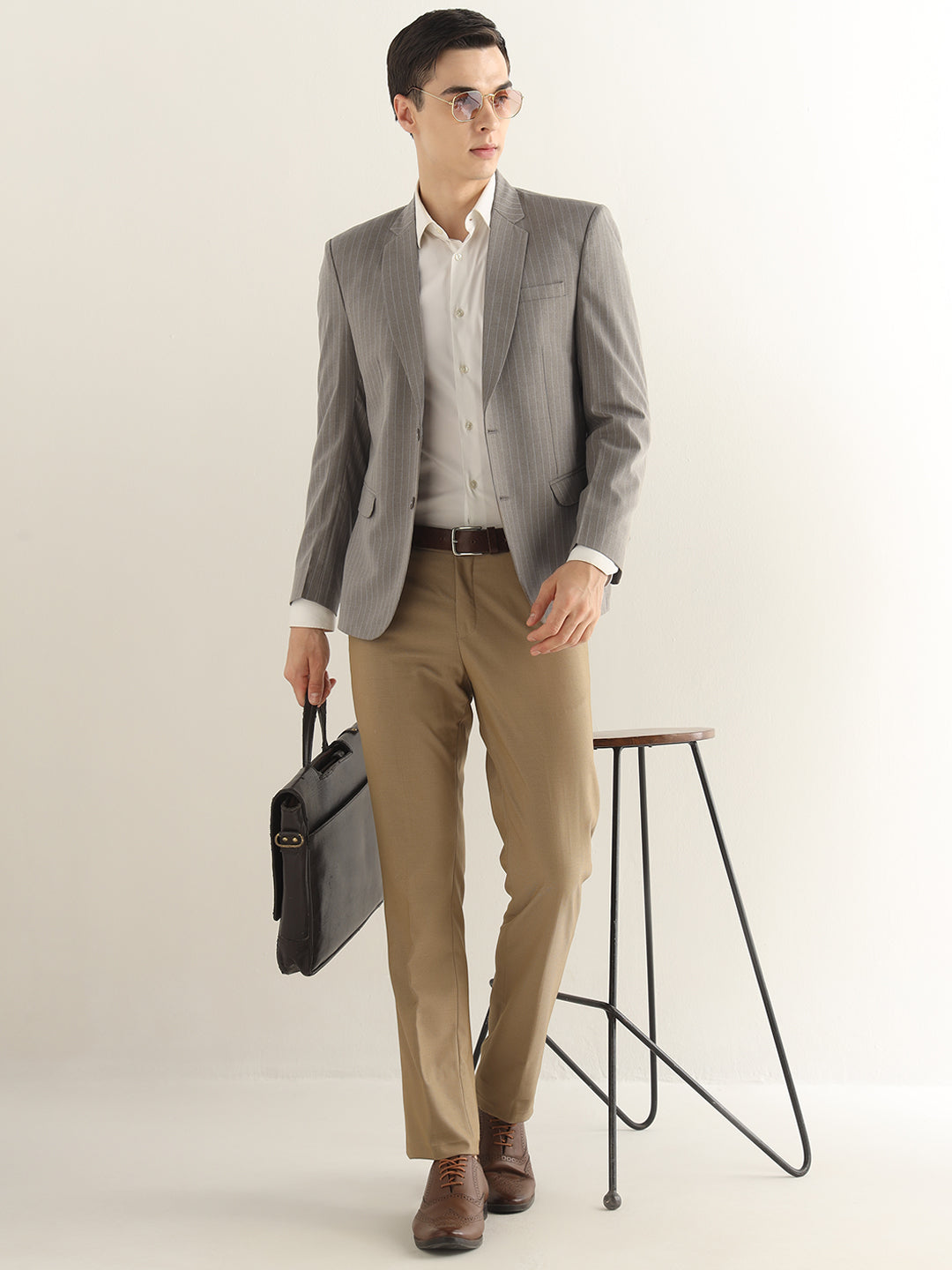 Hancock Men Greige Grey Striped Polyester Slim Fit Formal Blazer
